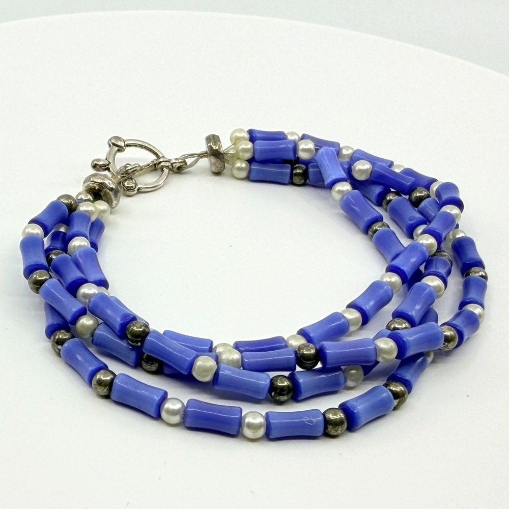 Vintage Silver Tone Blue Bead Multi Strand Bracelet Statement Boho Retro 90s Y2K
